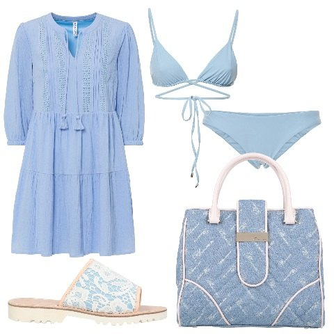 Outfit donna - Giornata al mare. Stile Sexy per Mare. Abbinamento con vestiti da spiaggia, borse a mano, sandali in pelle, bikini, bikini.