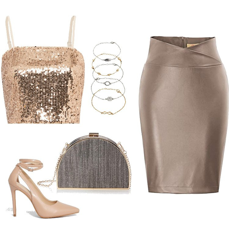 Outfit femme - En Discothèque. Style Glamour pour Soirée dehors. Assortir avec hauts, bracelets, jupes, chaussures à talon, pochette.