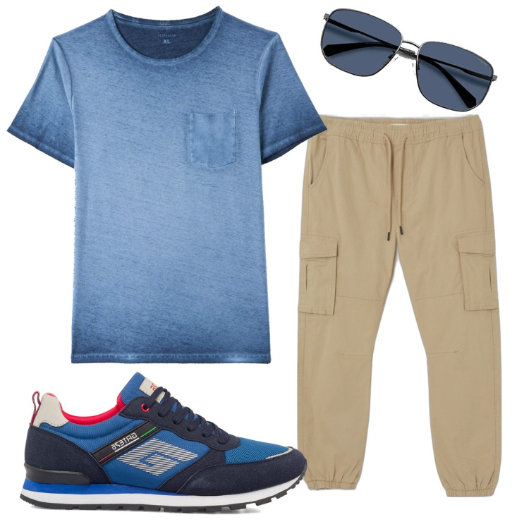 Outfit uomo - Tasche e tasconi. Stile Casual per Tutti i giorni. Abbinamento con t-shirt, pantaloni cargo, sneakers, occhiali da sole.
