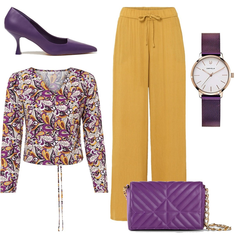 Outfit donna - Trendy #6563. Stile Trendy per Tutti i giorni. Abbinamento con pantaloni, bluse, borse a mano, décolleté, orologi analogici.