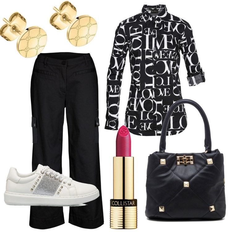 Outfit donna - Un po\' sportiva e un po\' chic. Stile Sporty chic per Tutti i giorni. Abbinamento con pantaloni cargo, camicie, borse a mano, sneakers, orecchini, rossetti.
