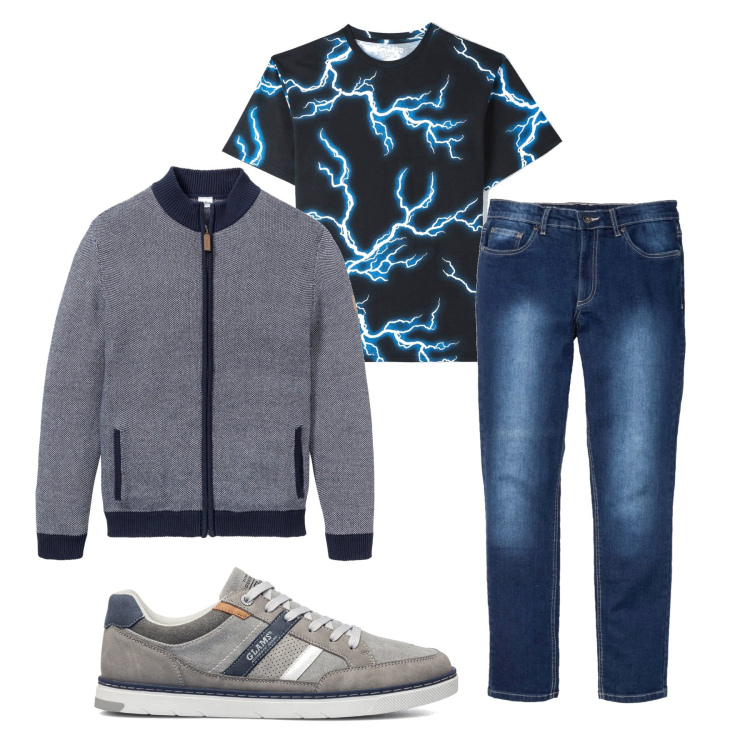 Outfit uomo - In giro. Stile Casual per Tutti i giorni. Abbinamento con cardigans, jeans slim fit, t-shirt, sneakers.