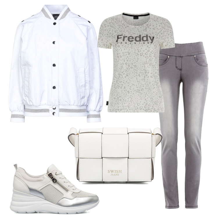 Outfit donna - Un po\' più alta. Stile Basic per Tutti i giorni. Abbinamento con jeans slim fit, blazer, t-shirt, sneakers, borse a tracolla.