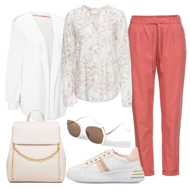 Outfit donna - Rosa e bianco in primavera. Stile Casual per Ufficio. Abbinamento con pantaloni, camicie, blazer, occhiali da sole, sneakers, zaini.
