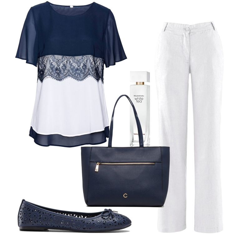 Outfit donna - Rilassata. Stile Casual per Tutti i giorni. Abbinamento con pantaloni, ballerine, tuniche, borse a spalla, profumi.