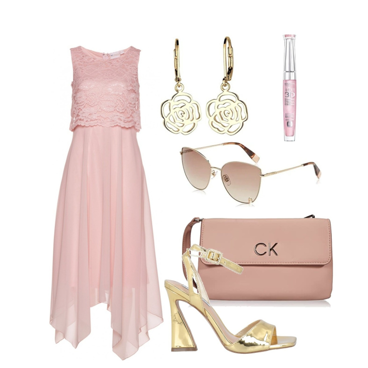 Outfit donna - Ghost outfitter - a marzo curvy. Stile Glamour per Cerimonia. Abbinamento con vestiti midi/longuette, sandali col tacco, gloss, occhiali da sole, portafogli, orecchini.