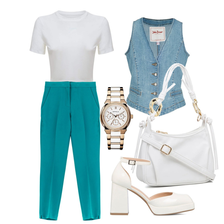 Outfit donna - Ghost outfitter - a marzo. Stile Trendy per Tutti i giorni. Abbinamento con gilet, décolleté, borse a mano, pantaloni capri, t-shirt, orologi.