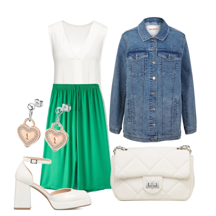 Outfit donna - Con la mia mia migliore amica curvy. Stile Trendy per Tutti i giorni. Abbinamento con top, blazer, pantaloni a palazzo, décolleté, borse a tracolla, orecchini.