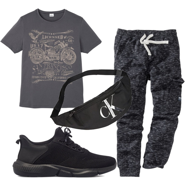 Outfit uomo - Total look #1568421. Stile Trendy per Tutti i giorni. Abbinamento con t-shirt, pantaloni cargo, sneakers, borse sportive.