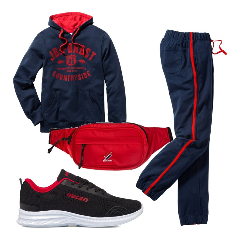 Outfit uomo - Trendy #4857. Stile Trendy per Sport. Abbinamento con felpe con cappuccio, pantaloni, sneakers, borse sportive.