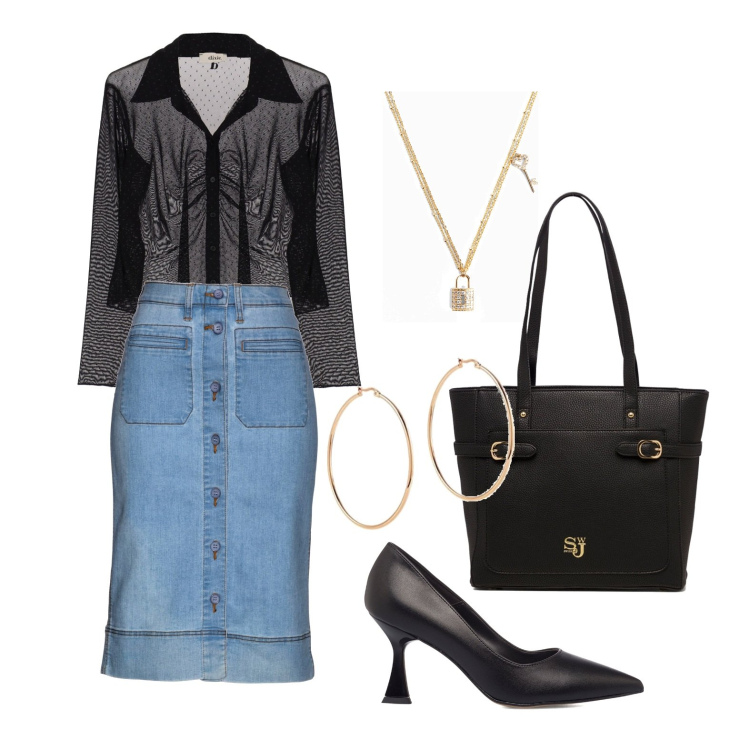 Outfit donna - Ghost outfitter - a marzo. Stile Trendy per Tutti i giorni. Abbinamento con gonne, collane, camicie, borse a spalla, décolleté, orecchini.