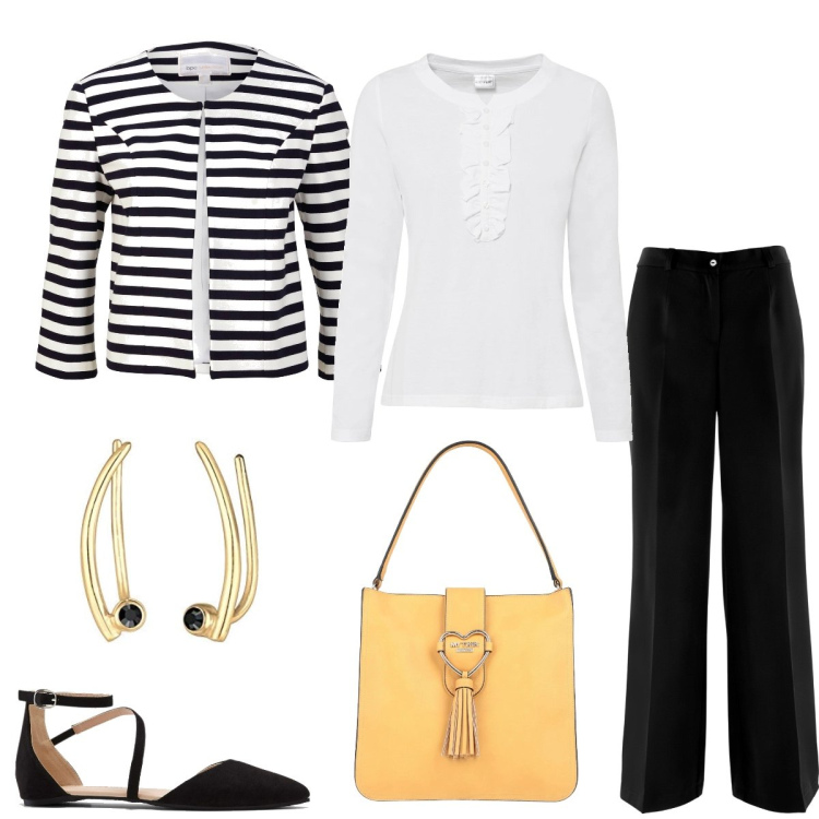 Outfit donna - Total look #1568548. Stile Chic per Tutti i giorni. Abbinamento con pantaloni, blazer, maglieria, ballerine, borse a mano, orecchini.
