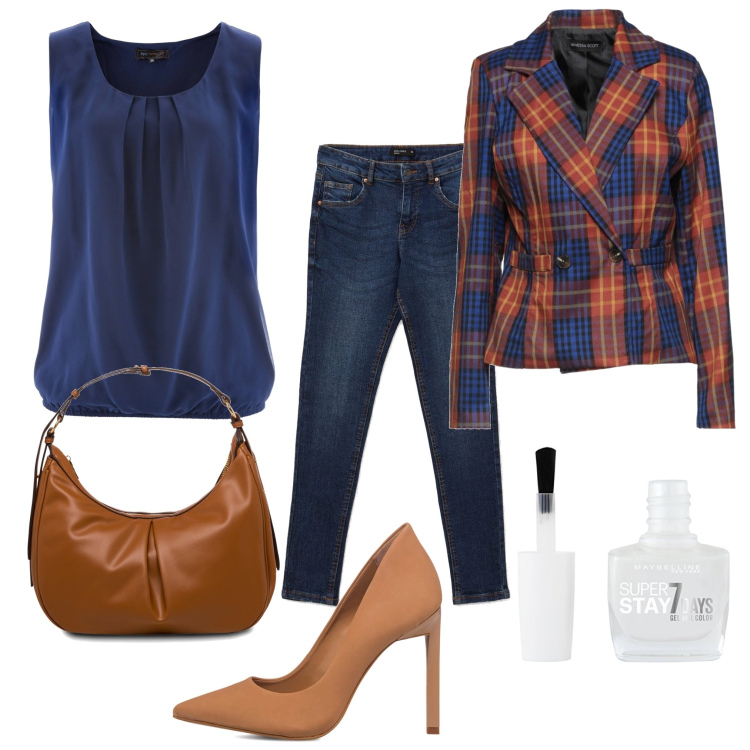 Outfit donna - 7 days. Stile Casual chic per Tutti i giorni. Abbinamento con top, blazer, jeans skinny, décolleté, borse a spalla, smalti.