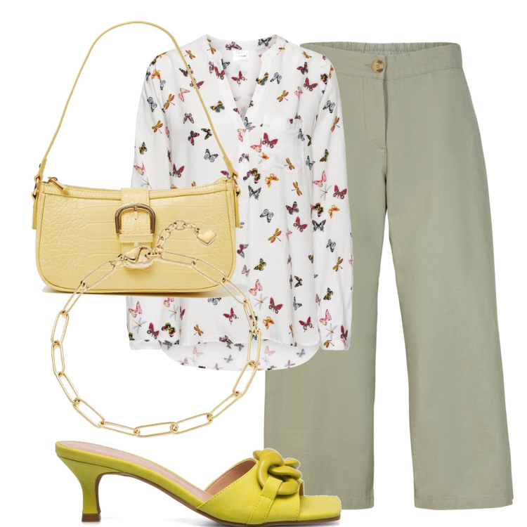 Outfit donna - Volano farfalle. Stile Casual chic per Tutti i giorni. Abbinamento con bluse, pantaloni culotte, borse a spalla, sandali in pelle, braccialetti.