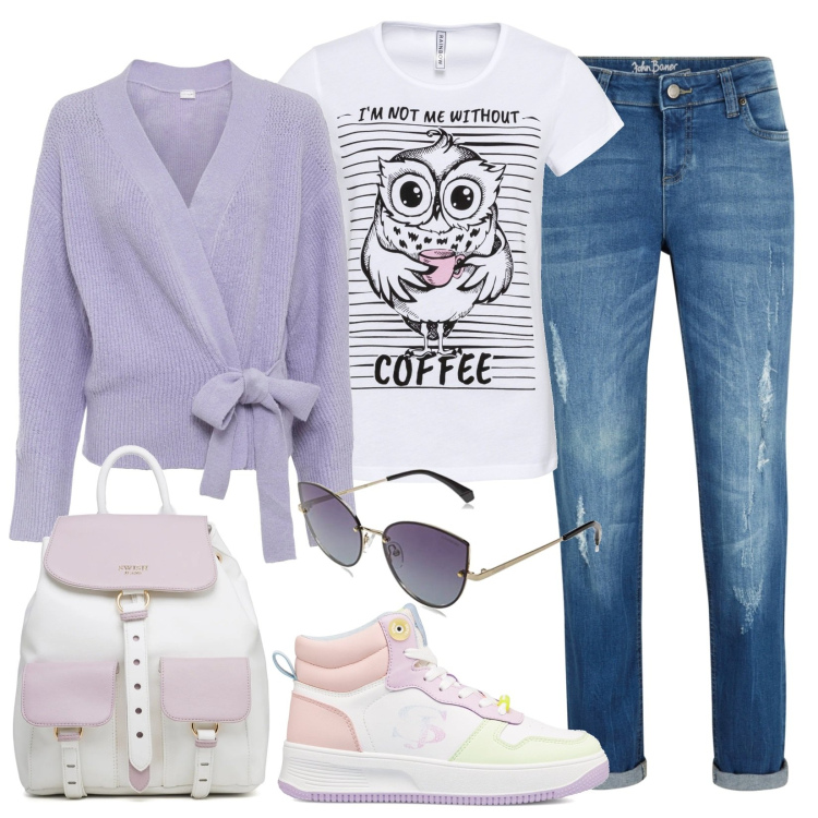Outfit donna - A passeggio con la mia migliore amica. Stile Urban per Tutti i giorni. Abbinamento con t-shirt sportive, cardigans, jeans boyfriend, sneakers alte, zaini, occhiali da sole.