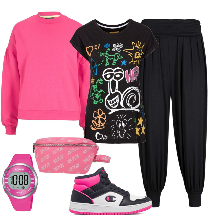 Outfit donna - Felpa, t-shirt ed è già primavera. Stile Urban per Tutti i giorni. Abbinamento con pantaloni, t-shirt, felpe, marsupi, sneakers alte, orologi digitali.