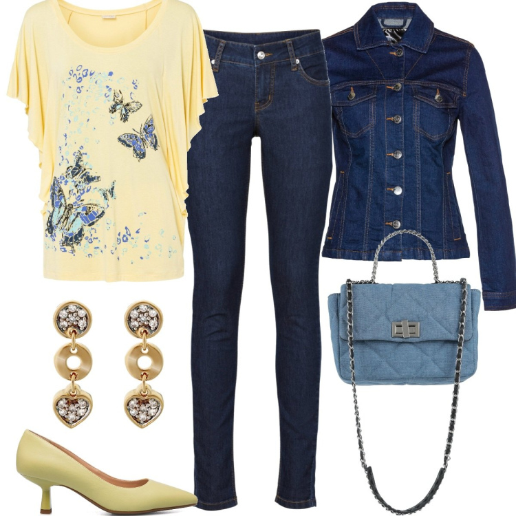 Outfit donna - Curvy giallo. Stile Basic per Tutti i giorni. Abbinamento con jeans skinny, maglieria, blazer, borse a mano, décolleté, orecchini.