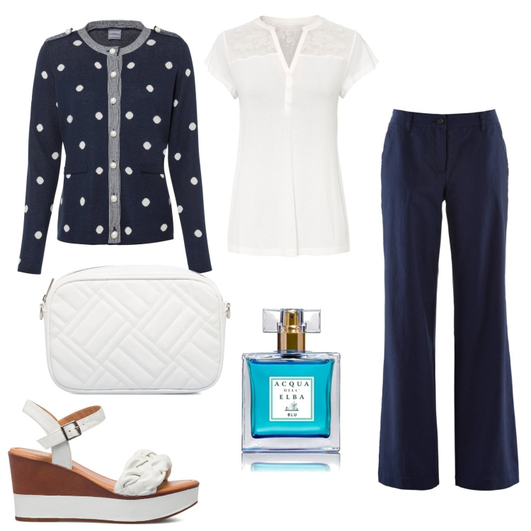 Outfit donna - Acqua dell\' Elba blu. Stile Casual per Tutti i giorni. Abbinamento con pantaloni, maglieria, cardigans, sandali in pelle, borse a tracolla, profumi.