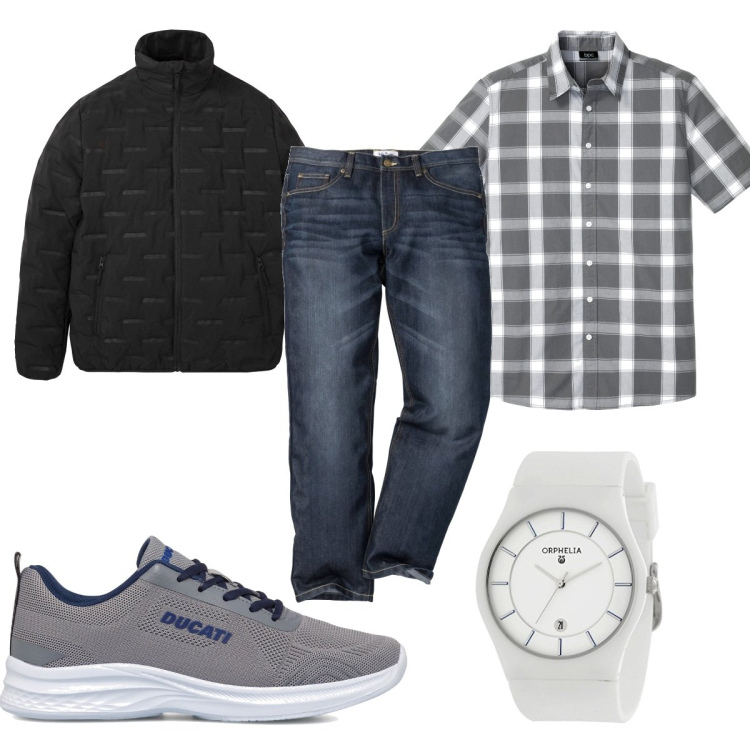 Outfit uomo - Total look #1568731. Stile Trendy per Tutti i giorni. Abbinamento con jeans dritti, giacche, camicie a manica corta, sneakers, orologi.
