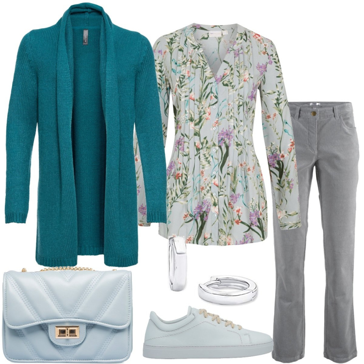 Outfit donna - Total look #1568743. Stile Casual chic per Tutti i giorni. Abbinamento con pantaloni, cardigans, camicie, sneakers, borse a tracolla, orecchini.