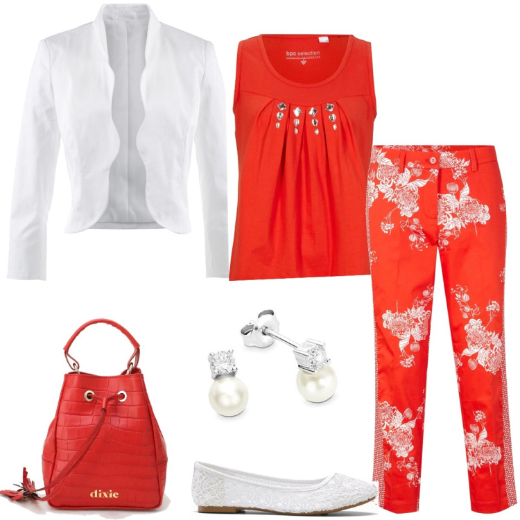 Outfit donna - Total look #1568746. Stile Chic per Tutti i giorni. Abbinamento con blazer, ballerine, reggiseni a balconcino, top, borse a secchiello, orecchini.