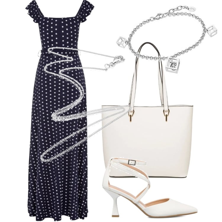 Outfit donna - Il vestito a pois. Stile Casual chic per Tutti i giorni. Abbinamento con vestiti lunghi, décolleté, borse a spalla, collane, braccialetti.