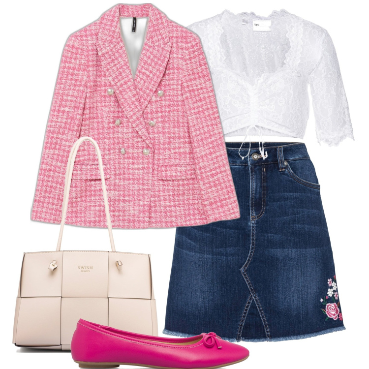 Outfit donna - Bon ton con la mini in jeans. Stile Bon Ton per Tutti i giorni. Abbinamento con camicie, minigonne, giacche, ballerine, borse a spalla.