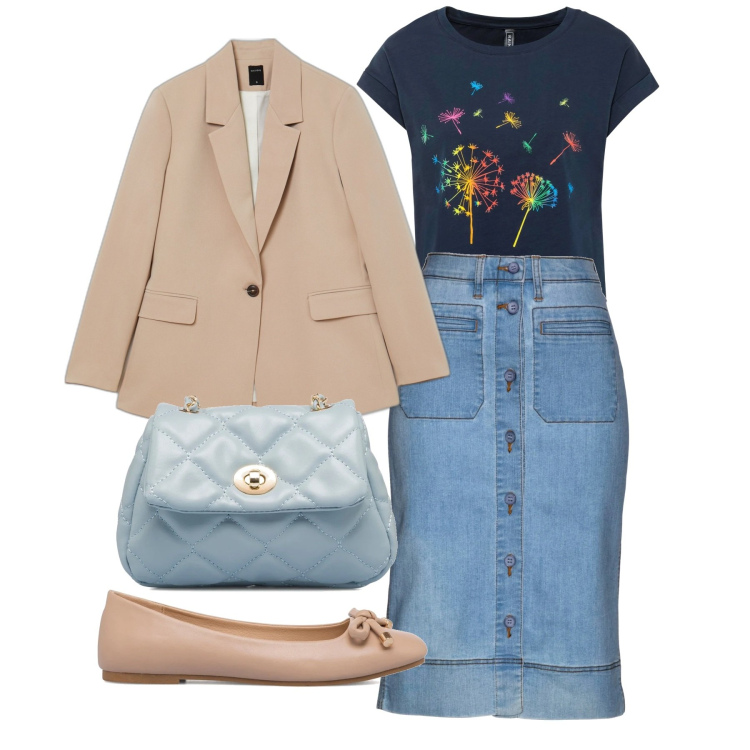 Outfit donna - Dandelion. Stile Casual chic per Tutti i giorni. Abbinamento con t-shirt, gonne, giacche, ballerine, borse a tracolla.