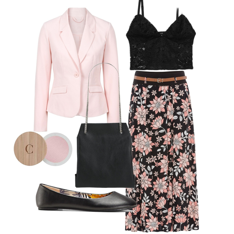 Outfit donna - Bralette e fiori rosa. Stile Chic per Serata fuori. Abbinamento con ballerine, gonne lunghe, blazer, borse a mano, top, ciprie.