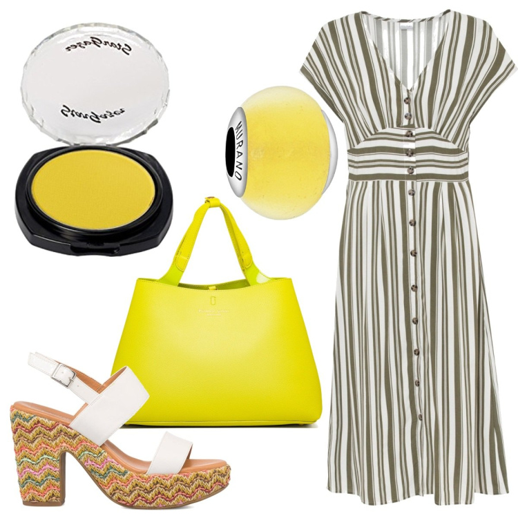Outfit donna - Sole giallo. Stile Casual per Tutti i giorni. Abbinamento con vestiti, borse a spalla, sandali in pelle, ombretti, braccialetti.