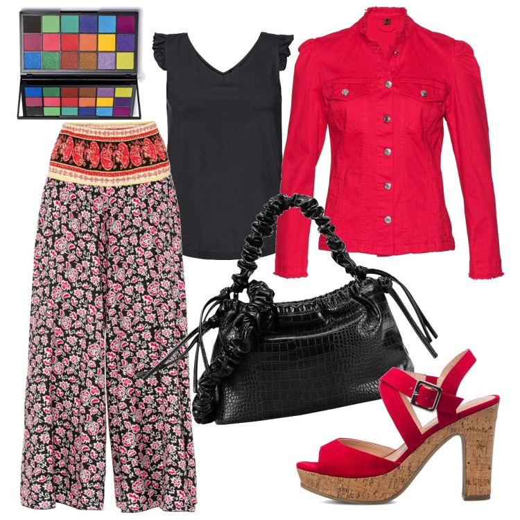 Outfit donna - Rosso vivo. Stile Boho per Tutti i giorni. Abbinamento con top, blazer, pantaloni, borse a mano, sandali col tacco, ombretti.