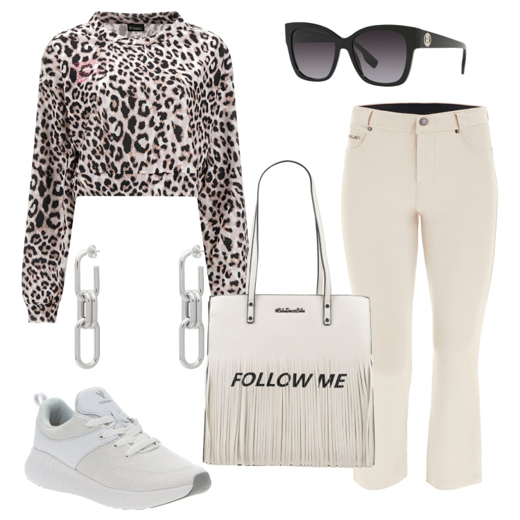 Outfit donna - Graffiante ma comoda. Stile Sporty chic per Tutti i giorni. Abbinamento con borse a spalla, orecchini, occhiali da sole, pantaloni capri, sneakers, felpe sportive.