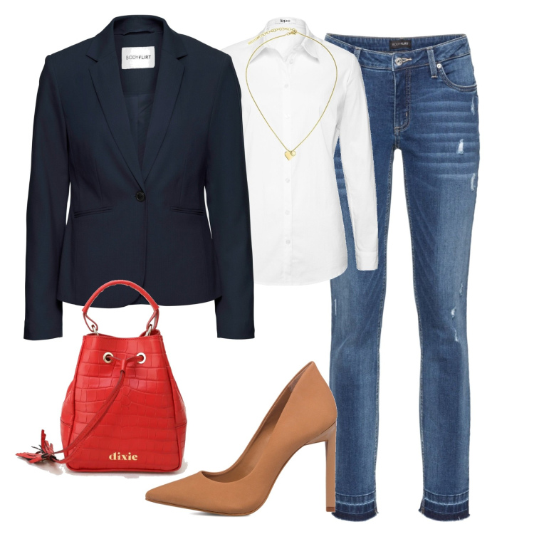 Outfit donna - Jeans e blazer. Stile Casual chic per Tutti i giorni. Abbinamento con blazer, jeans skinny, camicie, borse a secchiello, décolleté, collane.