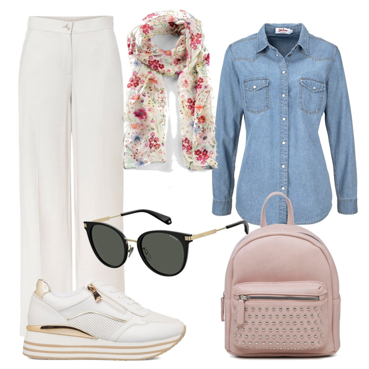 Outfit donna - In giro per la città. Stile Casual chic per Tutti i giorni. Abbinamento con camicie, foulard, pantaloni a palazzo, sneakers, zaini, occhiali da sole.