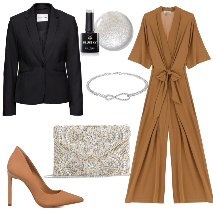 Outfit donna - Intera col fiocco. Stile Chic per Cerimonia. Abbinamento con blazer, pochette, tute, décolleté, smalti, braccialetti.
