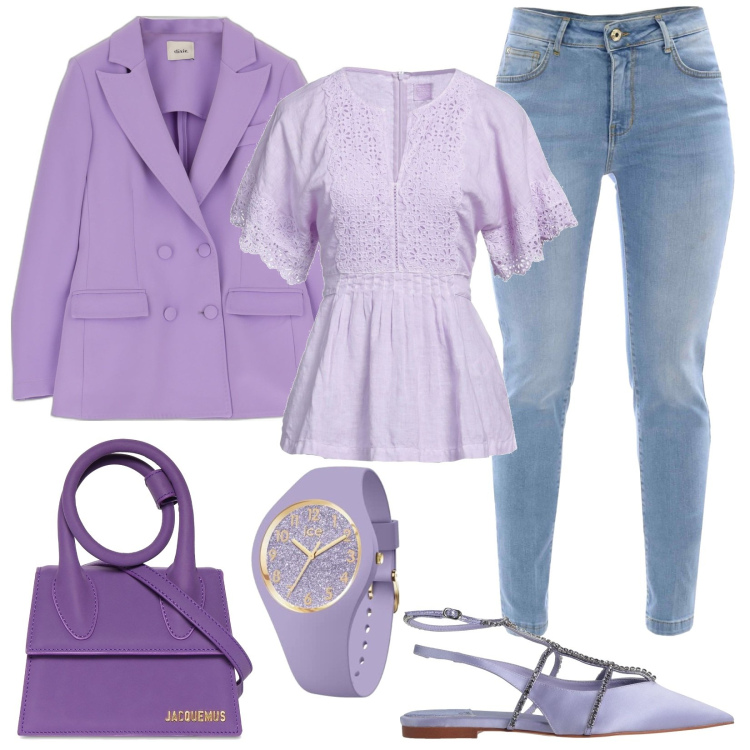 Outfit donna - Glicine e jeans. Stile Casual chic per Serata fuori. Abbinamento con ballerine, bluse, giacche, jeans skinny, orologi digitali, borse a mano.