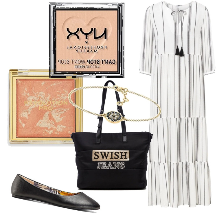 Outfit donna - Naturale. Stile Boho per Tutti i giorni. Abbinamento con ballerine, vestiti lunghi, borse a spalla, blush, fondotinta, braccialetti.