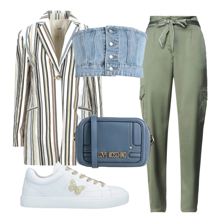 Outfit donna - Look di primavera. Stile Casual per Tutti i giorni. Abbinamento con pantaloni, sneakers, blazer, borse a tracolla, top.