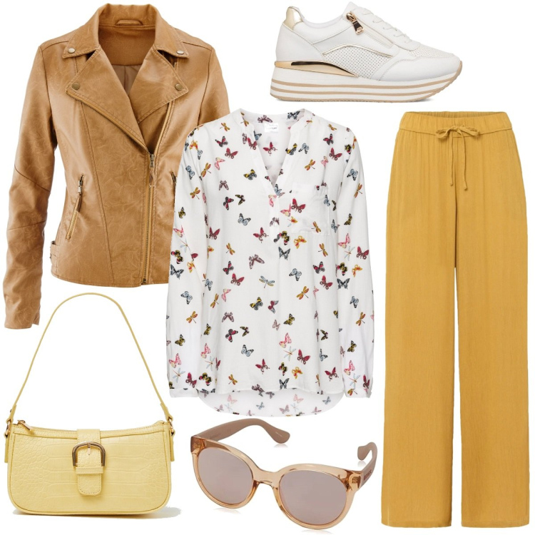 Outfit donna - Volano farfalle. Stile Basic per Tutti i giorni. Abbinamento con pantaloni, bluse, blazer, borse a spalla, sneakers, occhiali da sole.