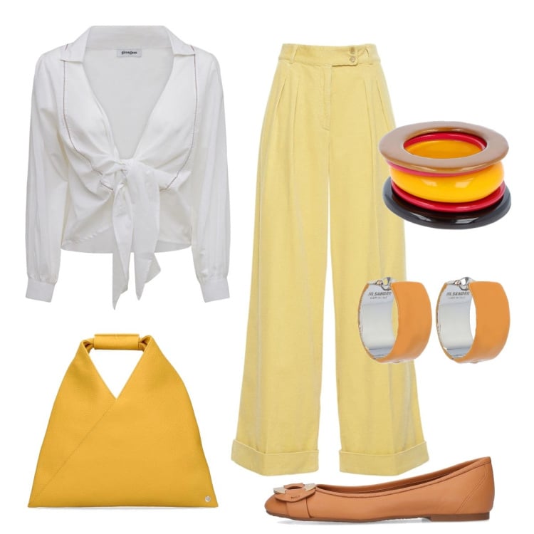 Outfit donna - Giallo e nuance. Stile Trendy per Tutti i giorni. Abbinamento con pantaloni, camicie, braccialetti, borse a mano, ballerine, orecchini.