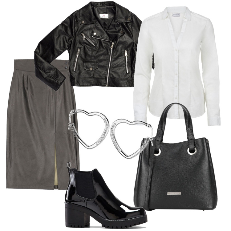 Outfit donna - Trexy in città. Stile Trendy per Tutti i giorni. Abbinamento con stivaletti, camicie, borse a mano, gonne longuette, cappotti, orecchini.