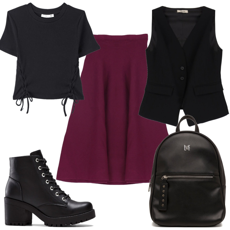 Outfit donna - Gilet e gonna longuette. Stile Casual per Tutti i giorni. Abbinamento con stivaletti, t-shirt, gonne longuette, gilet, zaini.