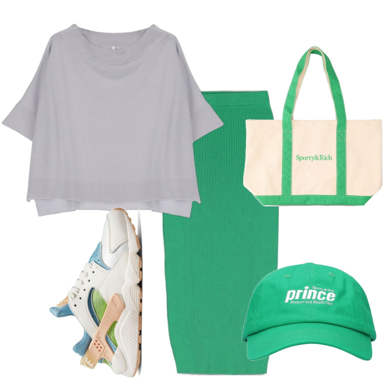 Outfit donna - Latte e menta. Stile Casual per Tutti i giorni. Abbinamento con maglieria, gonne longuette, sneakers, cappelli, shopping bag.