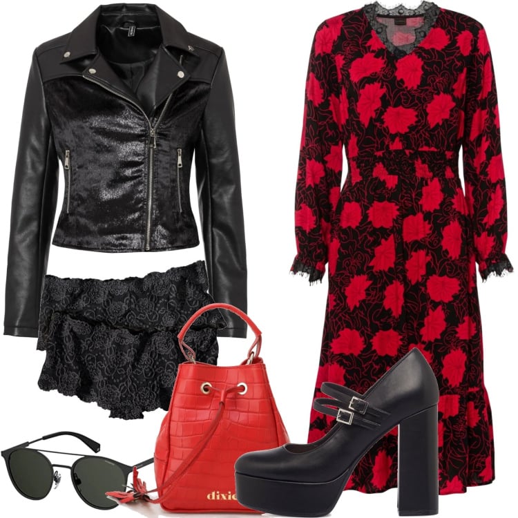 Outfit donna - Abito con pizzo. Stile Casual per Serata fuori. Abbinamento con culotte, vestiti, giacche, borse a secchiello, décolleté, occhiali da sole.