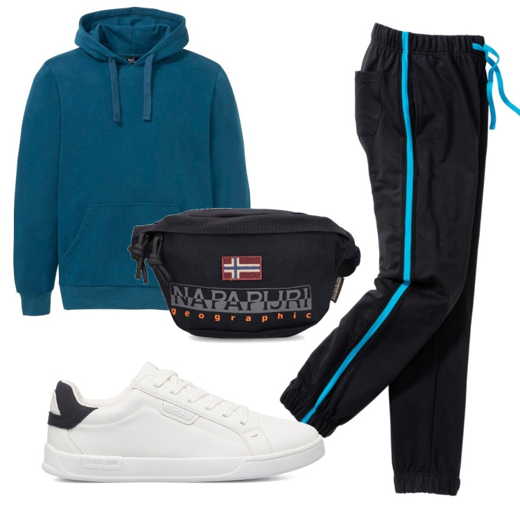 Outfit uomo - Total look #1569365. Stile Trendy per Sport. Abbinamento con pantaloni, felpe con cappuccio, sneakers, borse sportive.