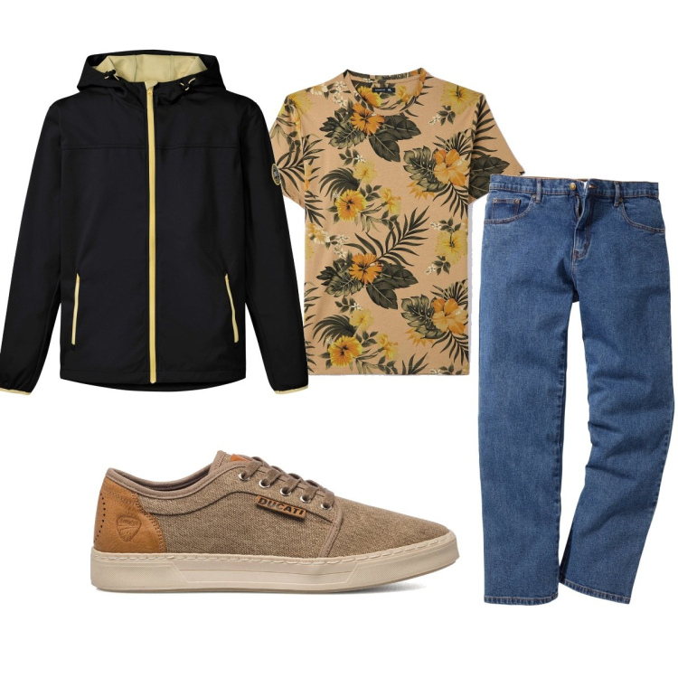 Outfit uomo - Total look #1569374. Stile Trendy per Tutti i giorni. Abbinamento con jeans dritti, giacche, t-shirt, sneakers.
