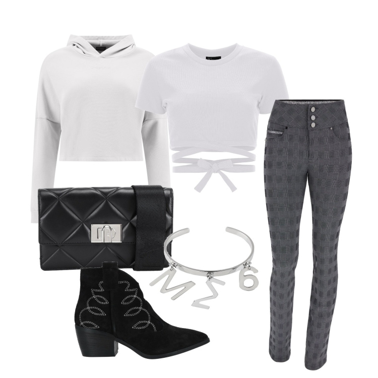 Outfit donna - Freddy - Look sporty-chic. Stile Sporty chic per Tutti i giorni. Abbinamento con stivaletti, braccialetti, borse a tracolla, pantaloni, felpe con cappuccio, top.