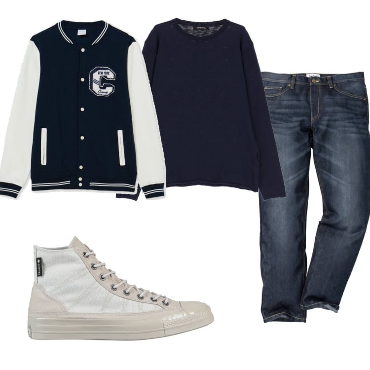Outfit uomo - Total look #1569380. Stile Trendy per Tutti i giorni. Abbinamento con jeans dritti, sneakers alte, maglieria, bomber.