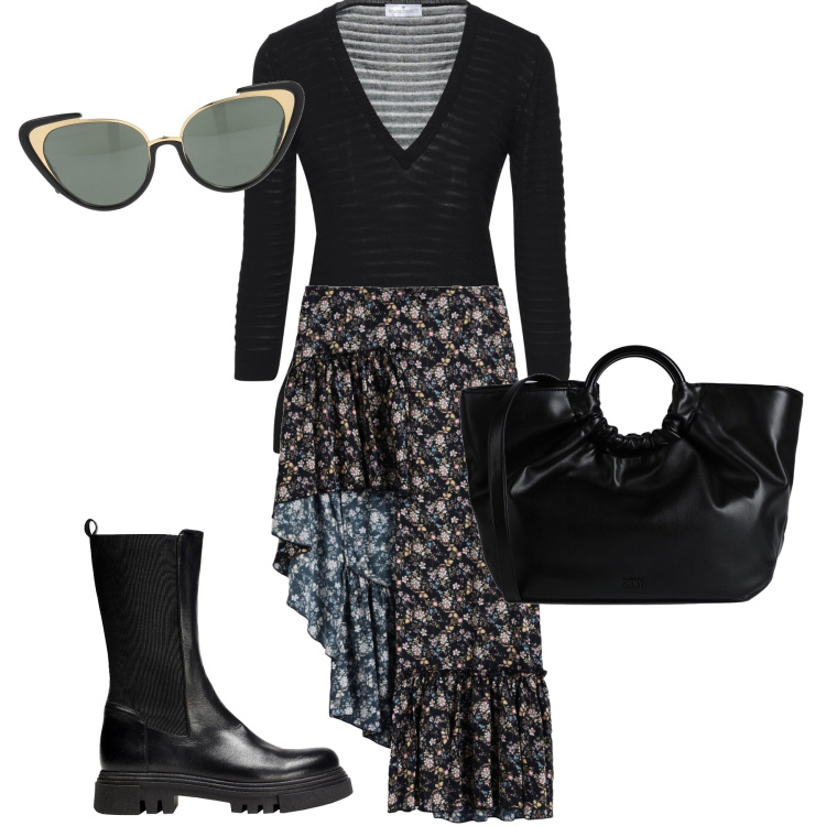 Outfit donna - Un pomeriggio con le amiche. Stile Boho per Tutti i giorni. Abbinamento con minigonne, pullovers, anfibi, borse a mano, occhiali da sole.