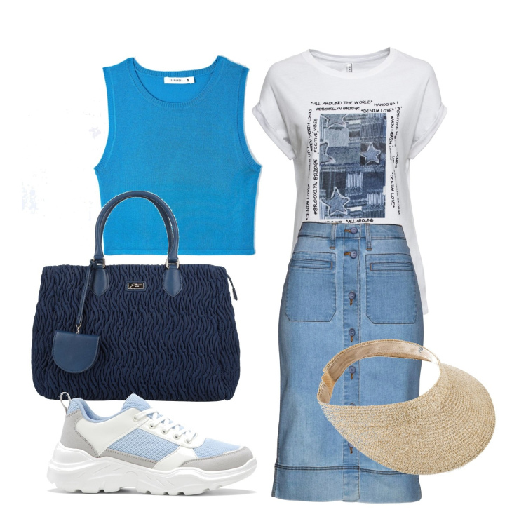 Outfit donna - Disinvolta e sicura. Stile Casual chic per Tutti i giorni. Abbinamento con gonne, cappelli con visiera, maglieria, sneakers, borse a mano, top.